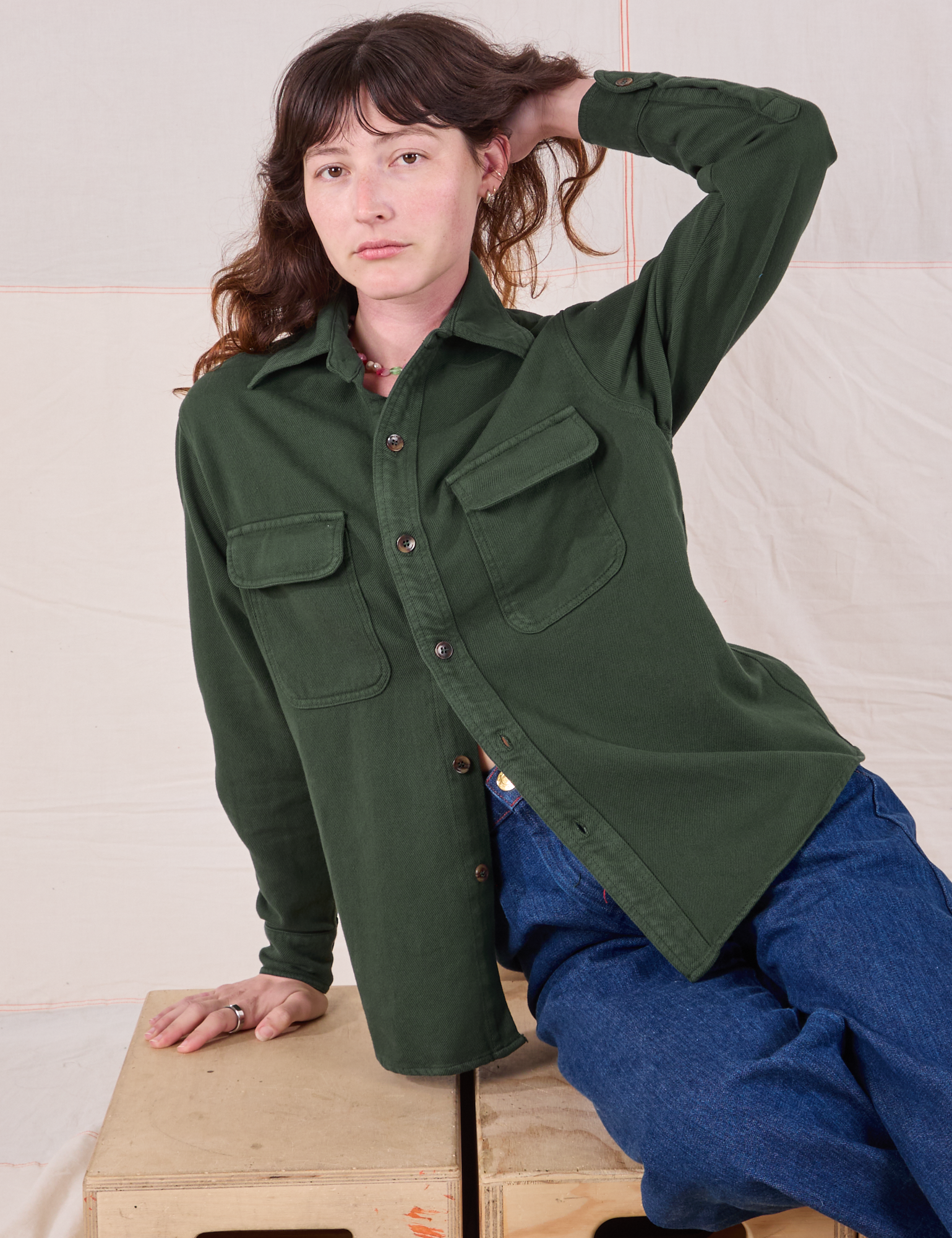 Flannel Overshirt in Swamp Green worn by Alex