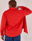 Back view of Flannel Overshirt in Mustang Red on Isaac