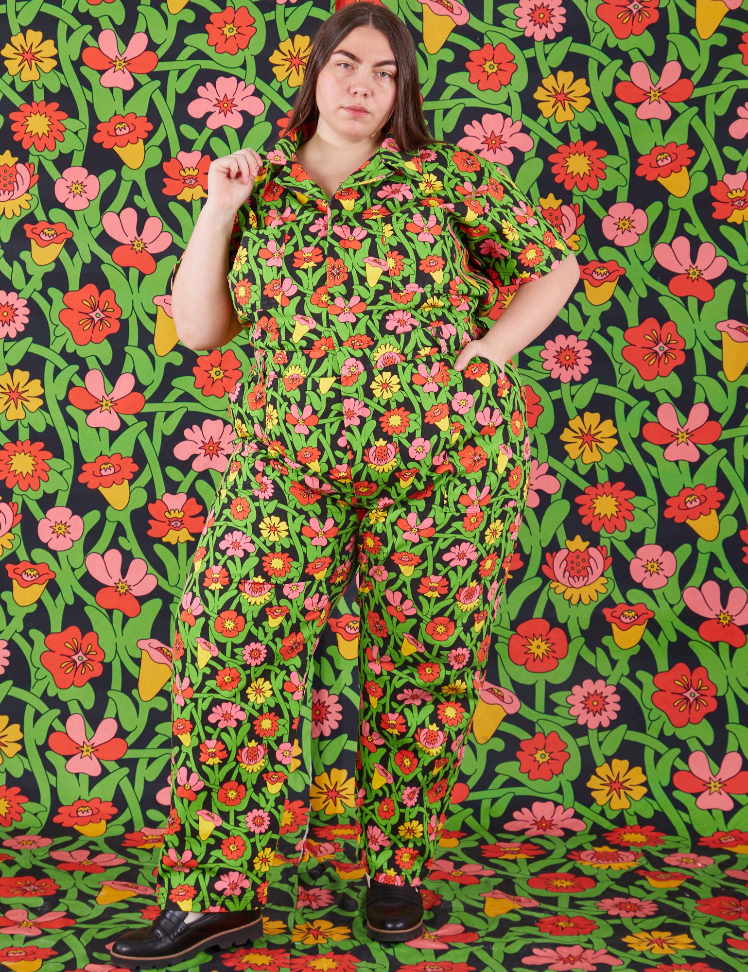 Marielena is 5&#39;8&quot; and wearing 2XL Flower Tangle Jumpsuit