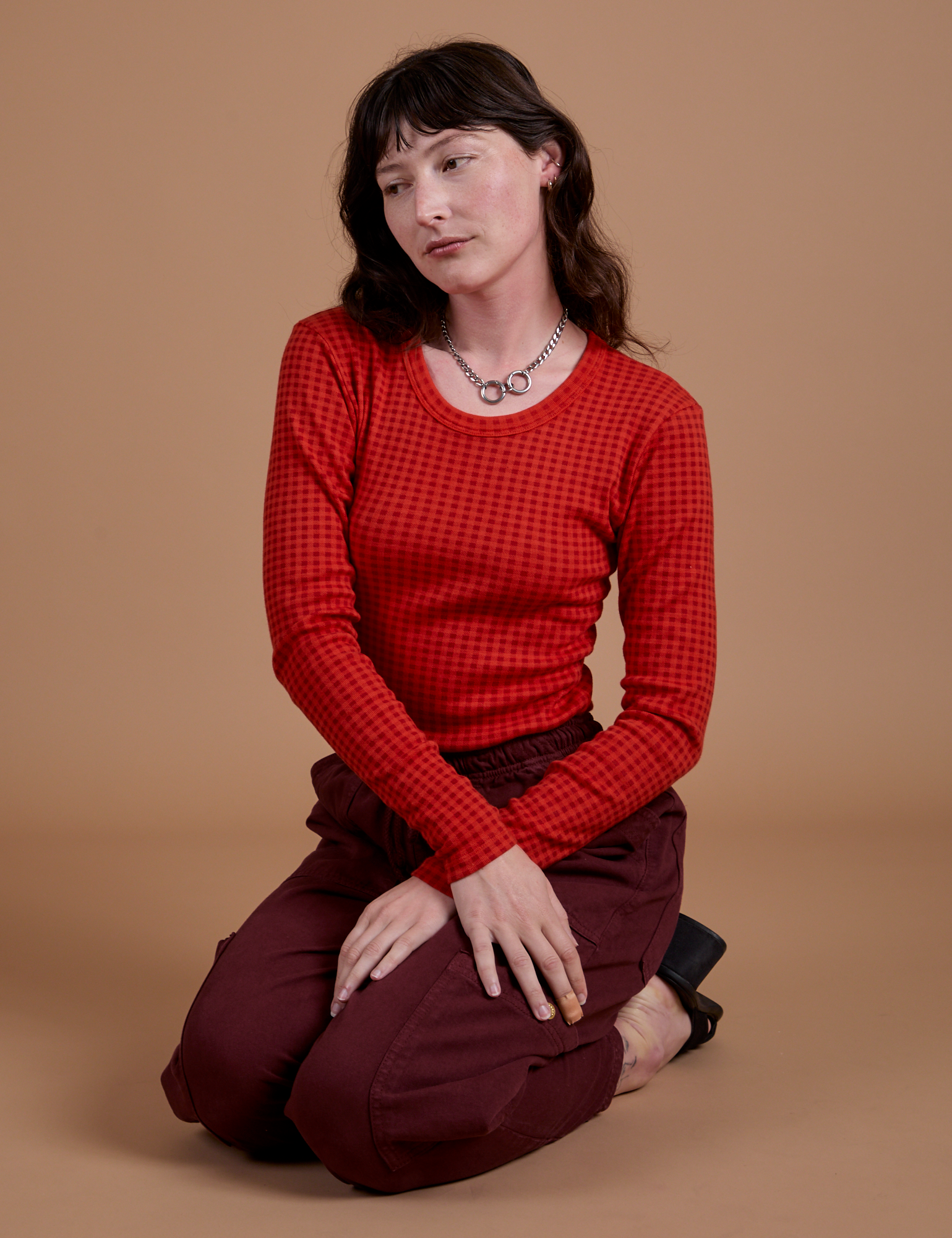 Gingham Long Sleeve Baby Tee in Mustang Red on Alex