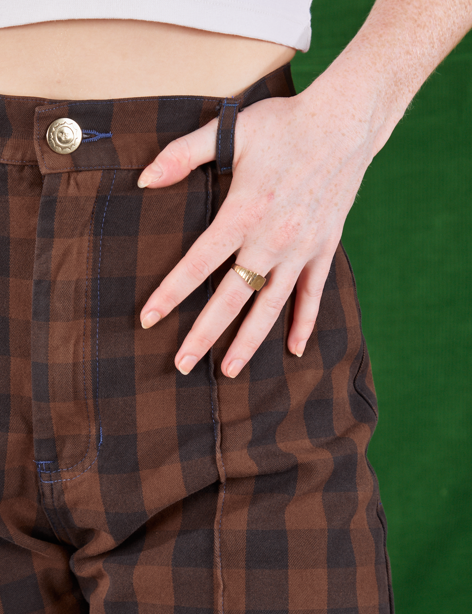 Gingham Western Pants in Fudge Brown front close up on Margaret