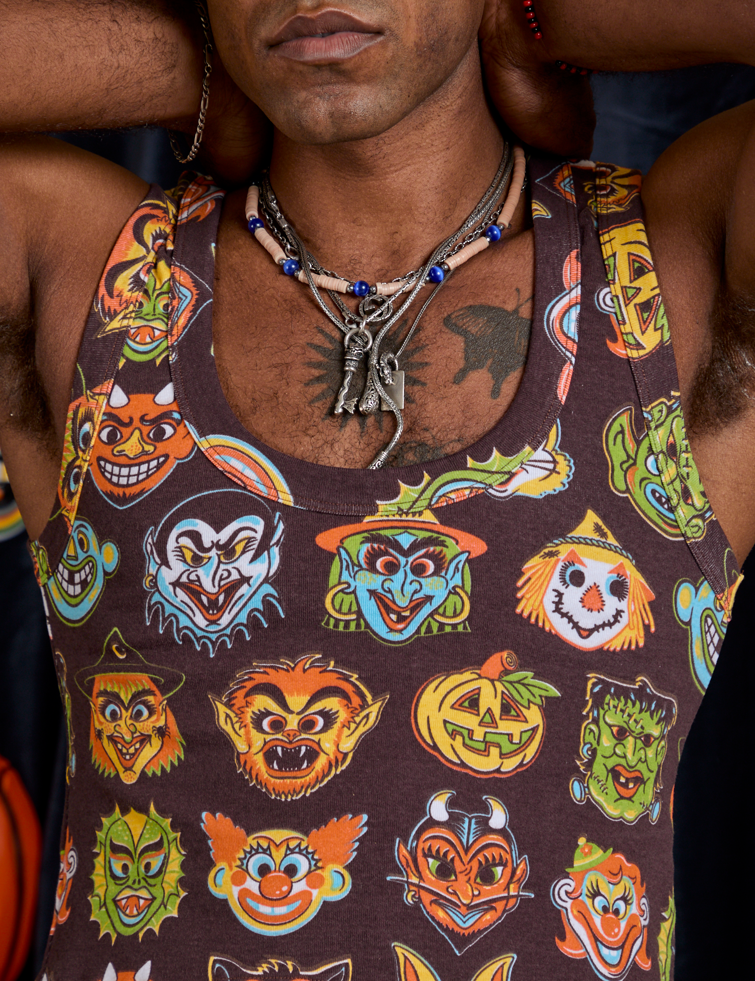 Front close up of Cropped Tank Top in Halloween Masks on Jerrod