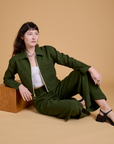 Heritage Mechanic Jacket in Evergreen and matching Wide Leg Trousers on Alex