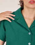Front collar close up of Pantry Button-Up in Hunter Green on Tiara