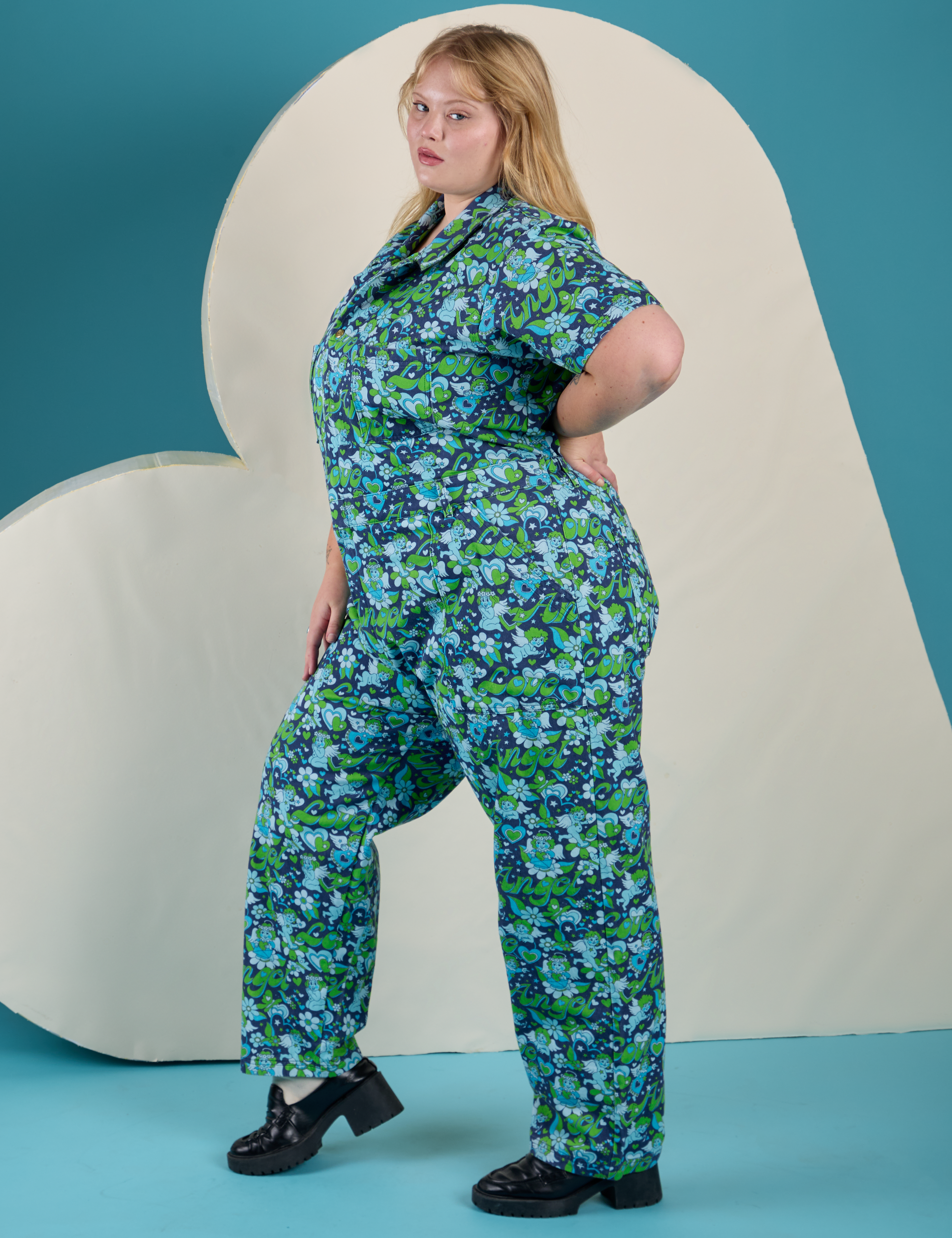 Angel Print Jumpsuit side view on Juliet