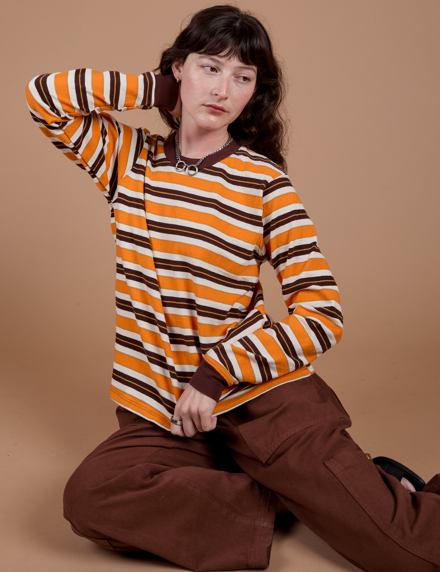 Long Sleeve Striped Burly Tee in Orange and Drop Pocket Cargo Pants in Fudgesicle Brown on Alex