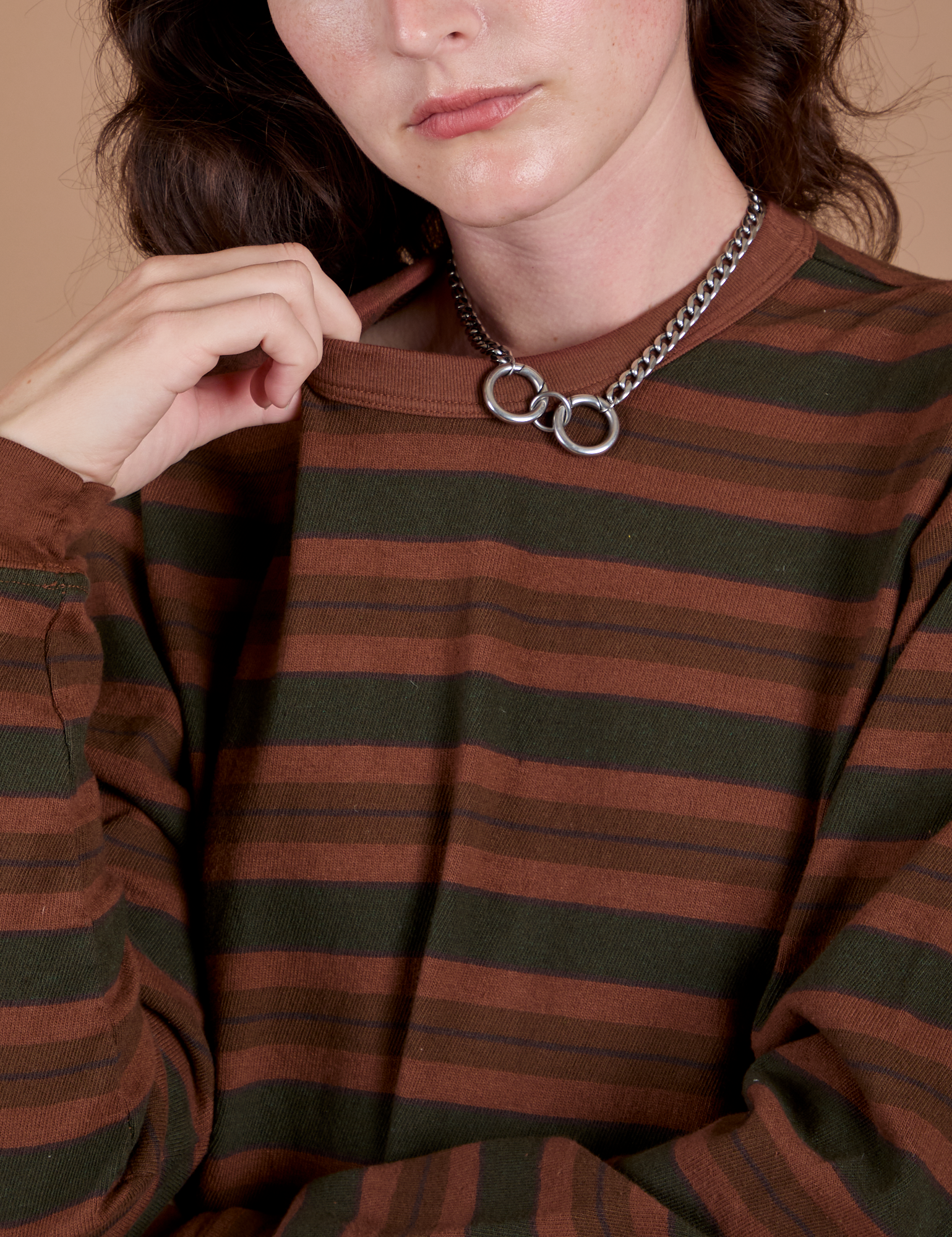 Long Sleeve Striped Burly Tee in Fudgesicle front close up on Alex