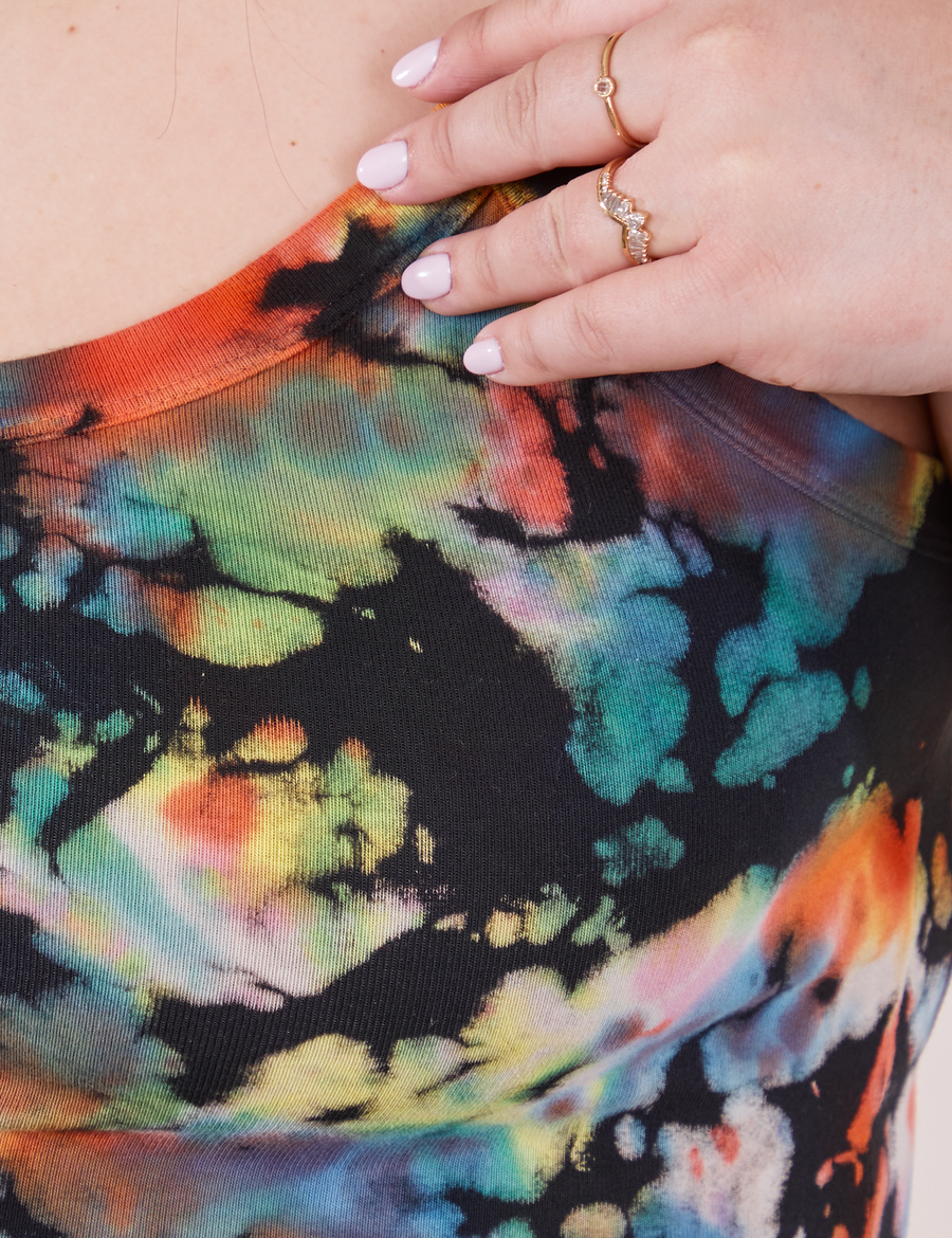 Front close up of Cropped Cami in Rainbow Magic Waters worn by Ashley