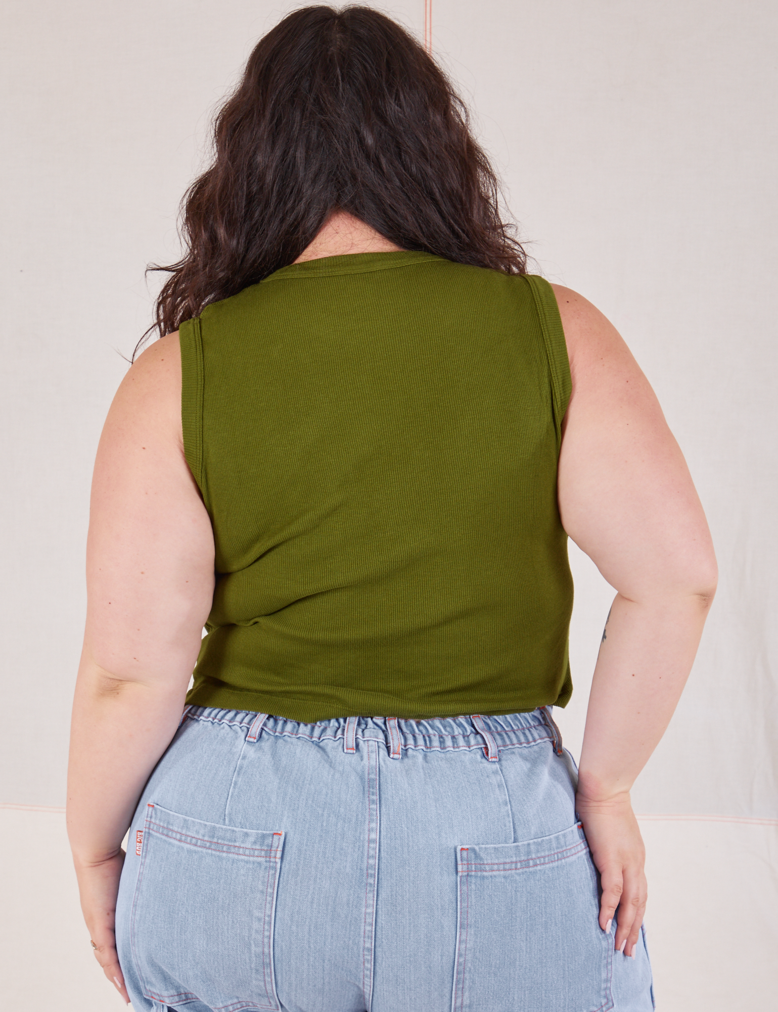 Muscle Tee in Summer Olive back view on Ashley