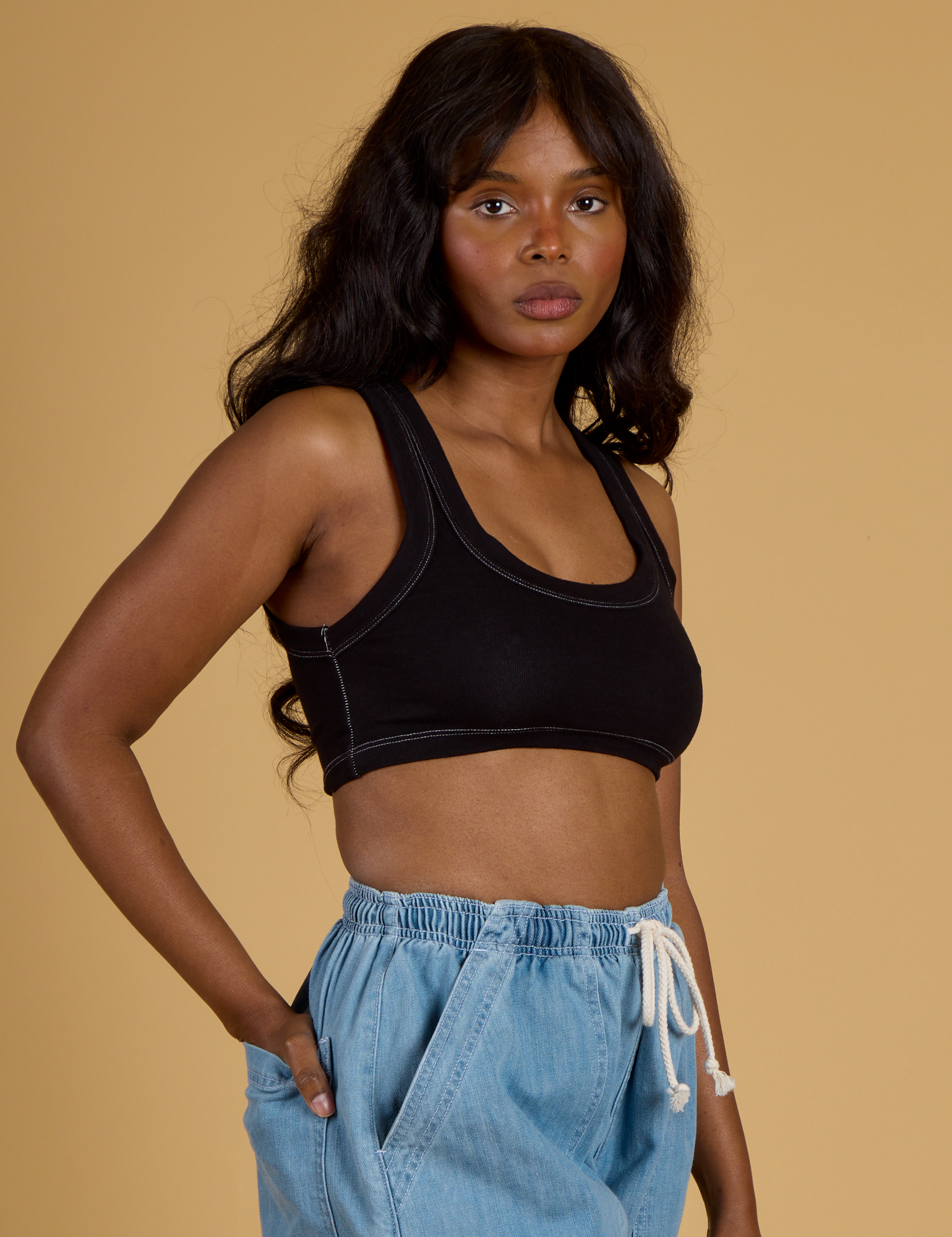 Contrast Stitch Mini Tank - Basic Black
