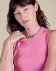 Muscle Tee in Bubblegum Pink front close up on Alex