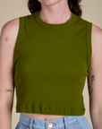 Muscle Tee in Summer Olive close up on Alex