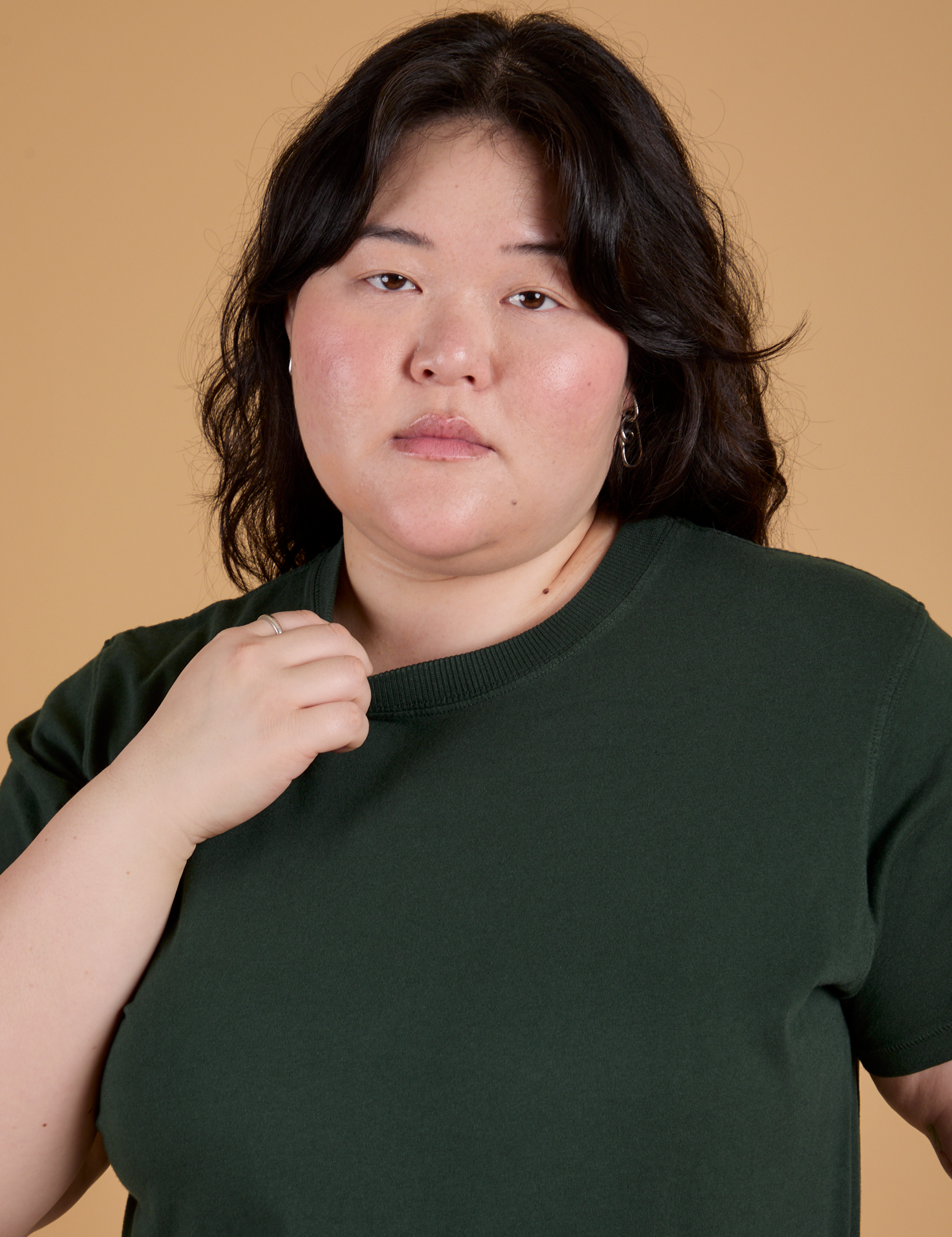 Front close up of Organic Vintage Tee in Swamp Green on Ashley