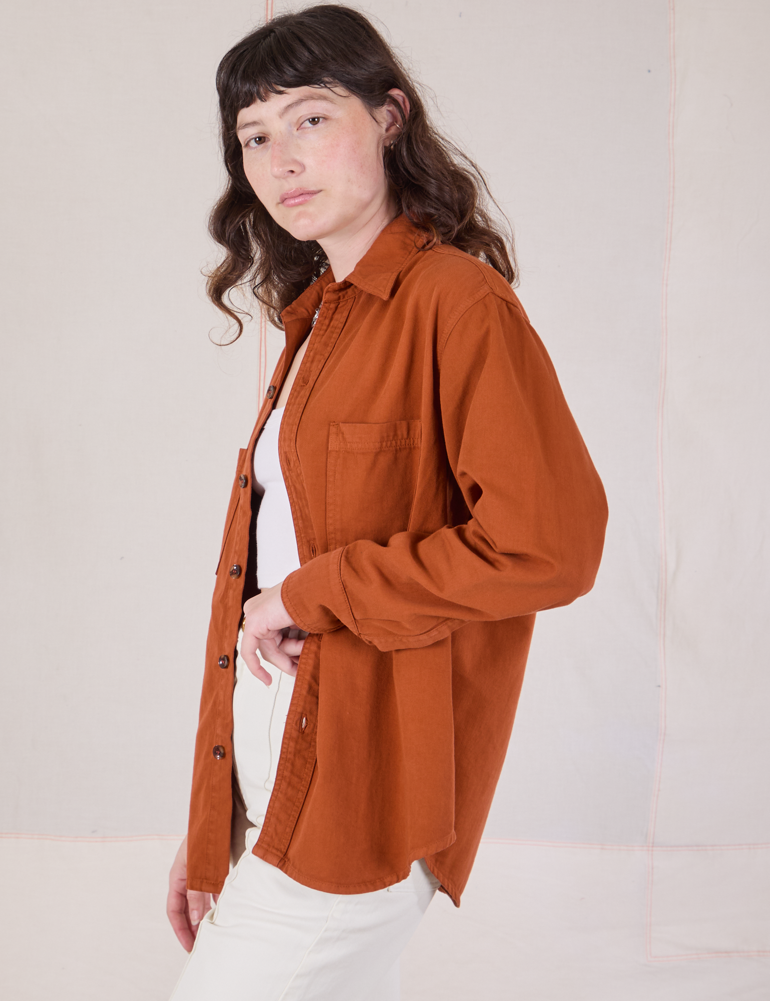 Side view of Twill Overshirt in Burnt Terracotta on Alex