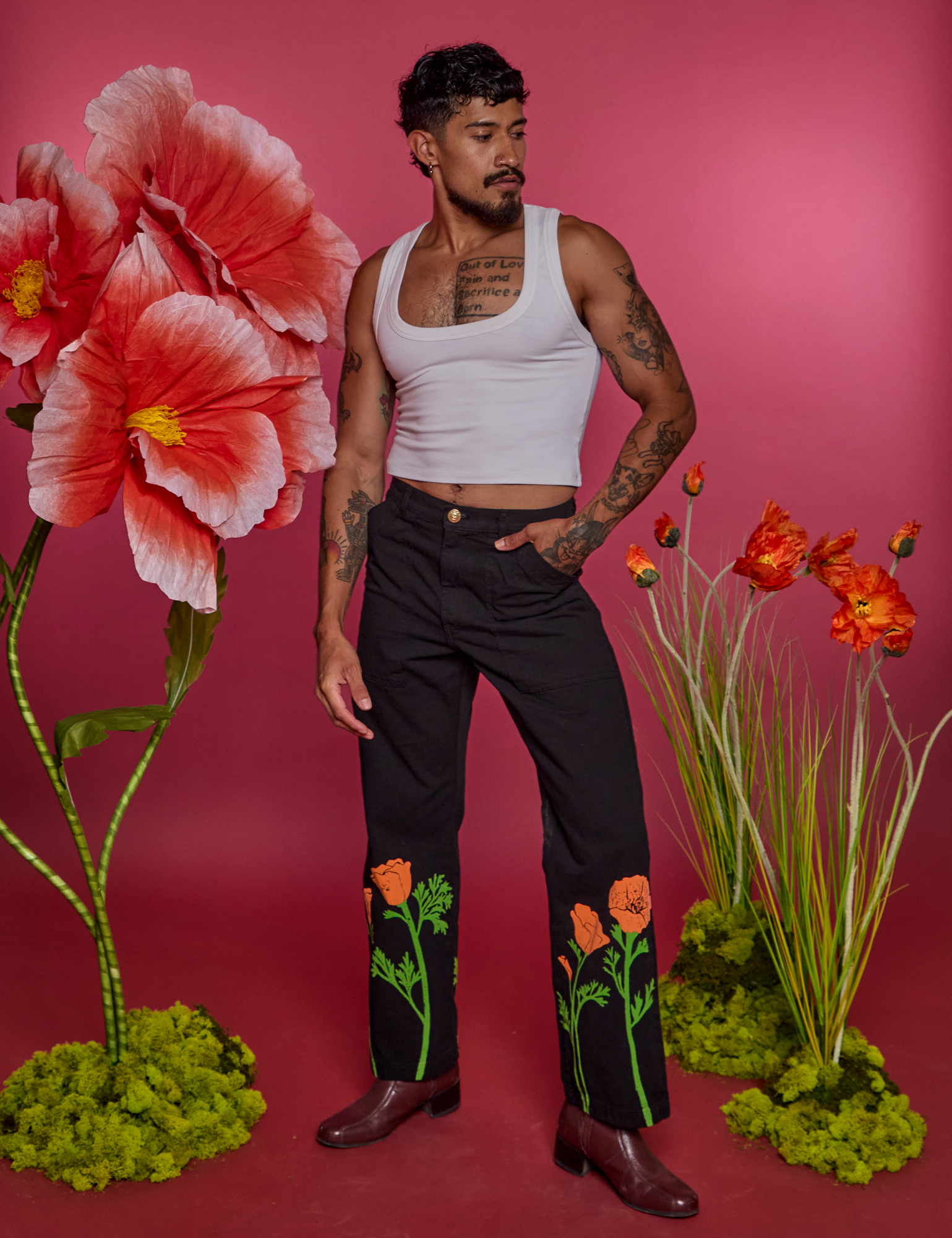 Paintstamped Work Pants in Poppy and Cropped Tank in Vintage Tee White on Jesse