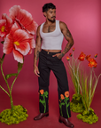 Paintstamped Work Pants in Poppy and Cropped Tank in Vintage Tee White on Jesse