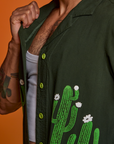 Paintstamped Pantry Button-Up in Cactus side view close up on Jesse