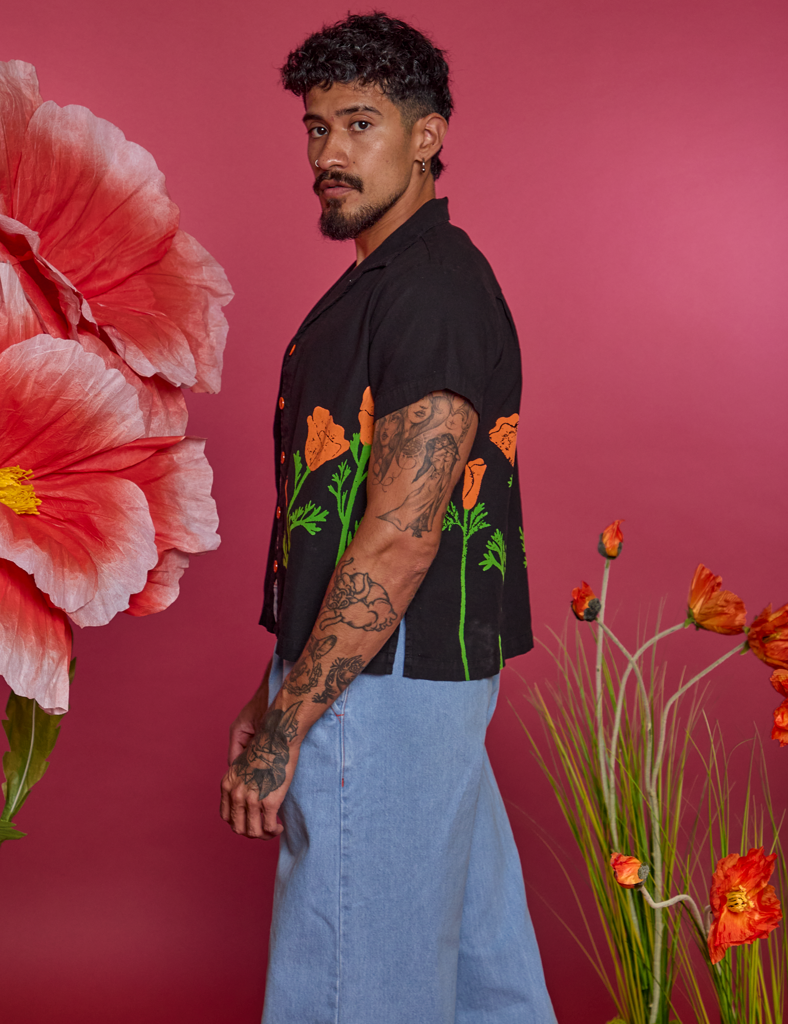 Paintstamped Pantry Button-Up in Poppy side view on Jesse
