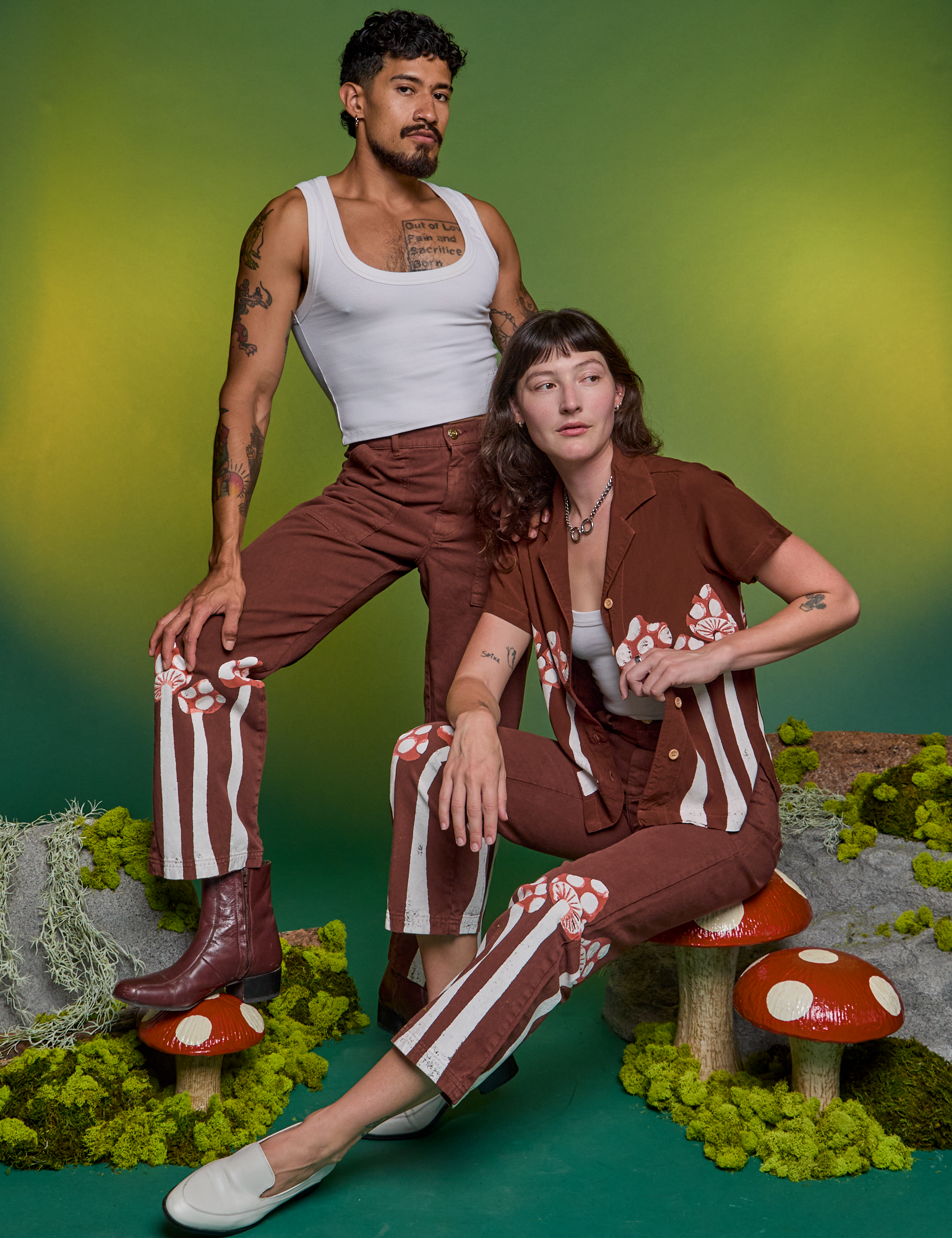 Alex and Jesse are wearing Paintstamped Work Pants in Mushroom. Alex has on the matching Pantry Button-Up