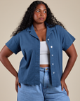 Meghna is 5’8” and wearing M Pantry Button-Up in French Blue