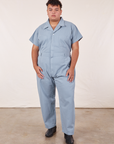 Miguel 6'0" is and wearing 2XL Short Sleeve Jumpsuit in Periwinkle