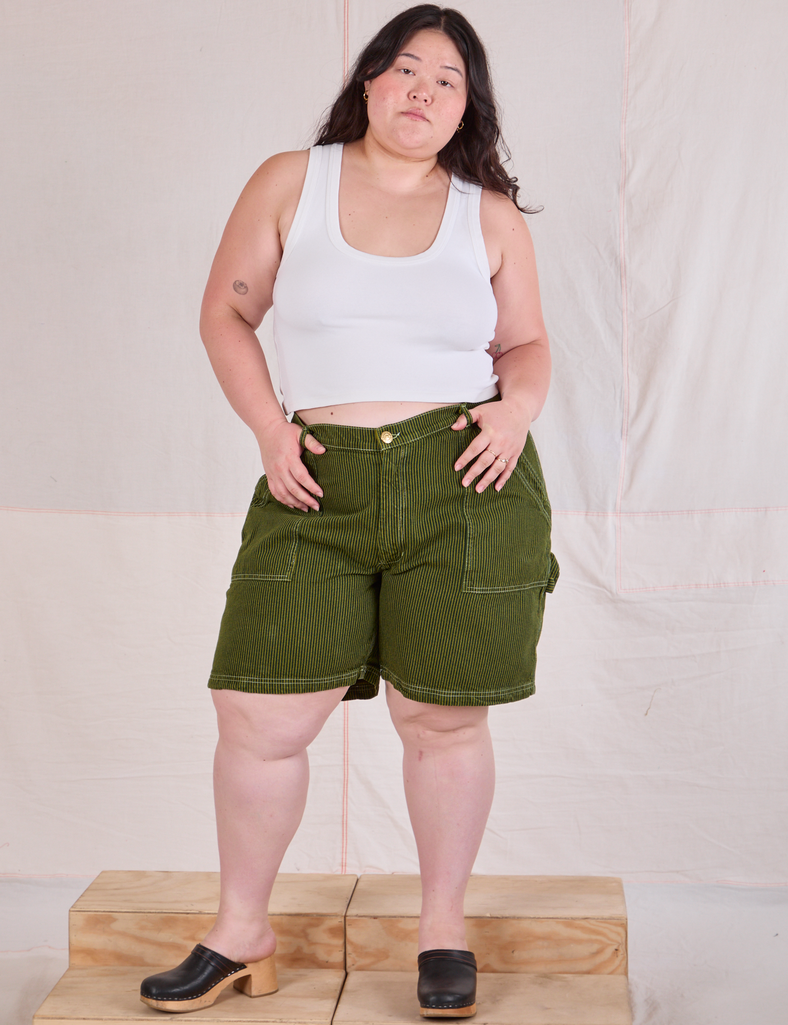 Railroad Carpenter Shorts in Summer Olive and Cropped Tank in Vintage Tee Off-White on Ashley