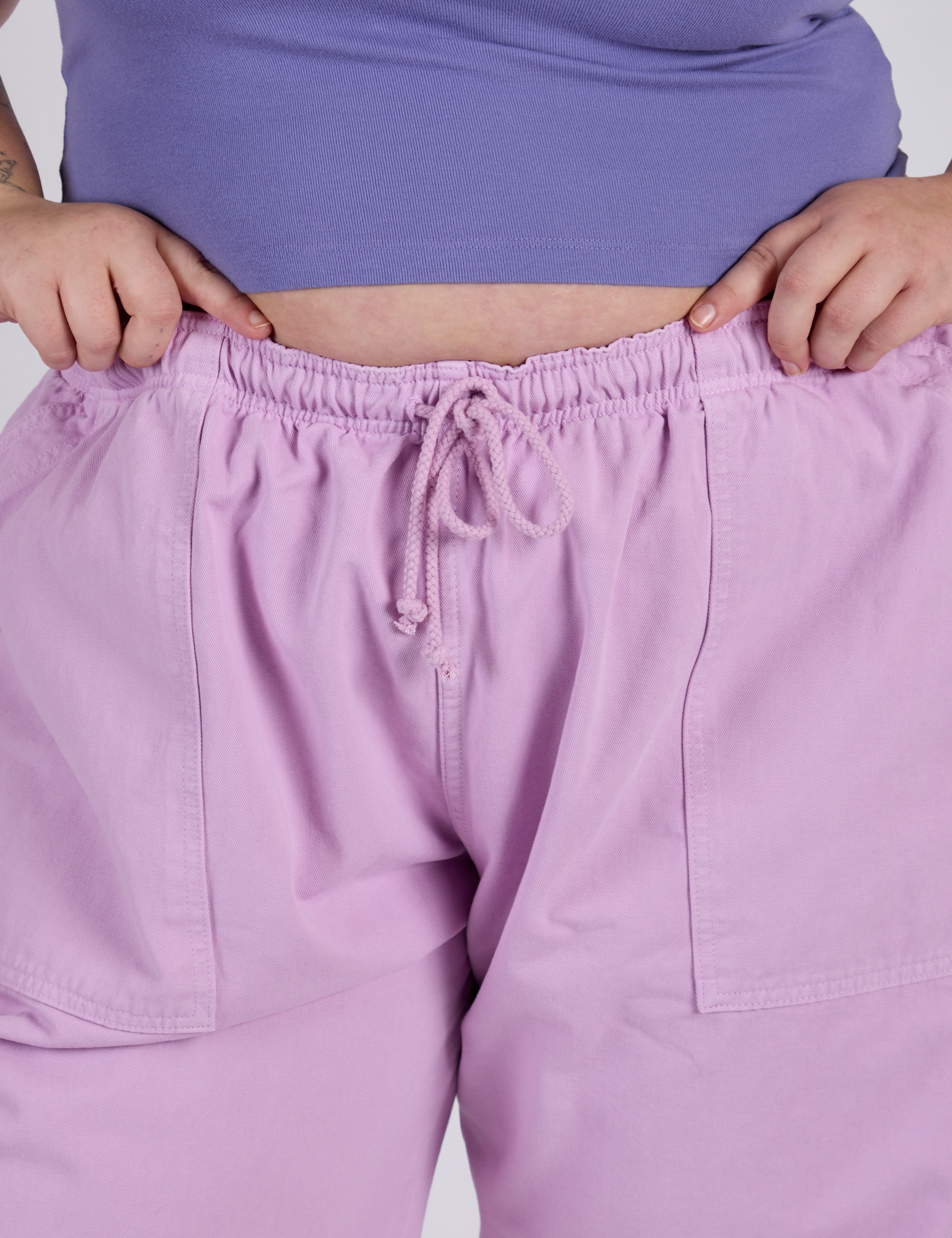 Drop Pocket Cargo Pants in Lilac Purple front close up on Juliet
