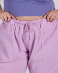 Drop Pocket Cargo Pants in Lilac Purple front close up on Juliet