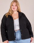 Juliet is 5'7" and wearing XL Ripstop Work Jacket in Basic Black