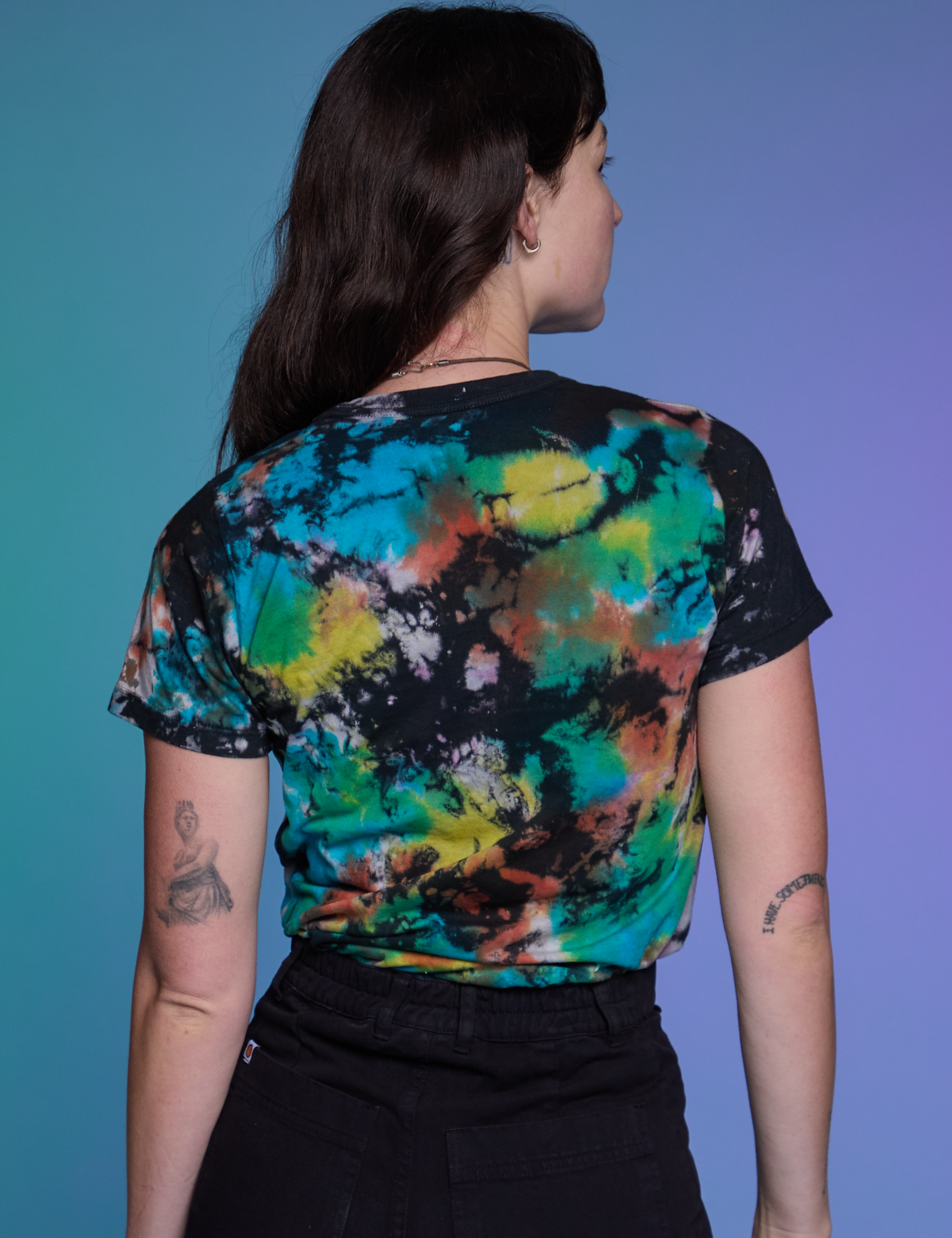 Classic Tee in Rainbow Magic Waters back view on Alex