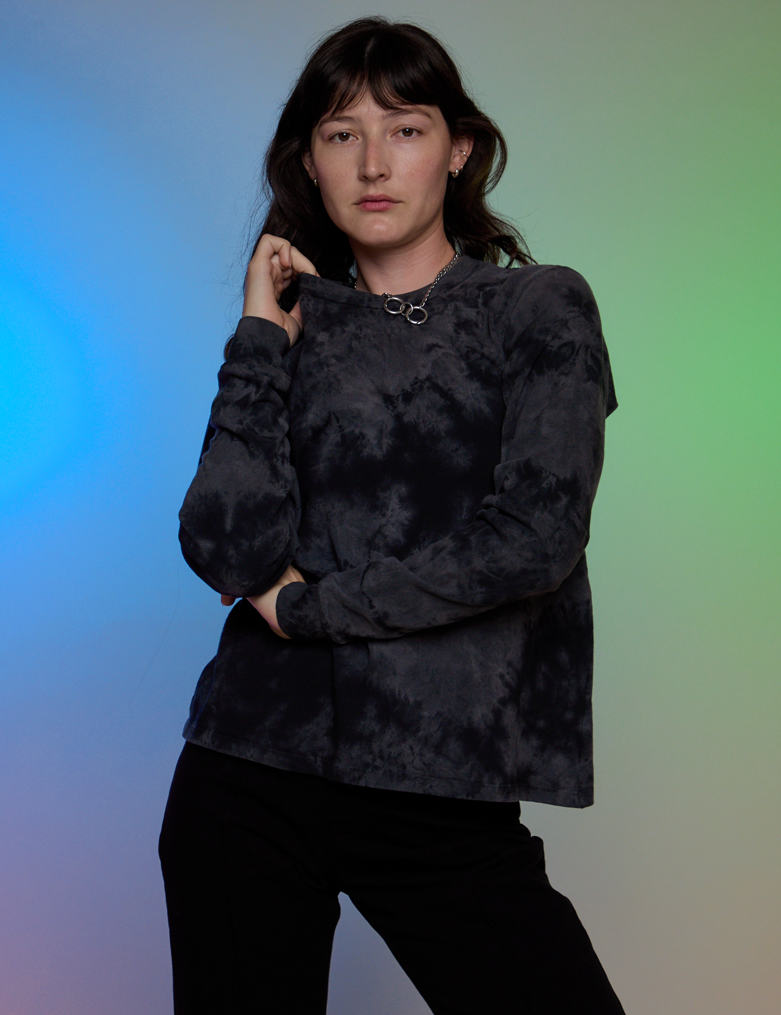 Alex is 5’8” and wearing P Magic Waters Long Sleeve Burly Tee in Black