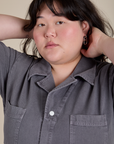 Front close up of Short Sleeve Jumpsuit in Washed Grey on Ashley
