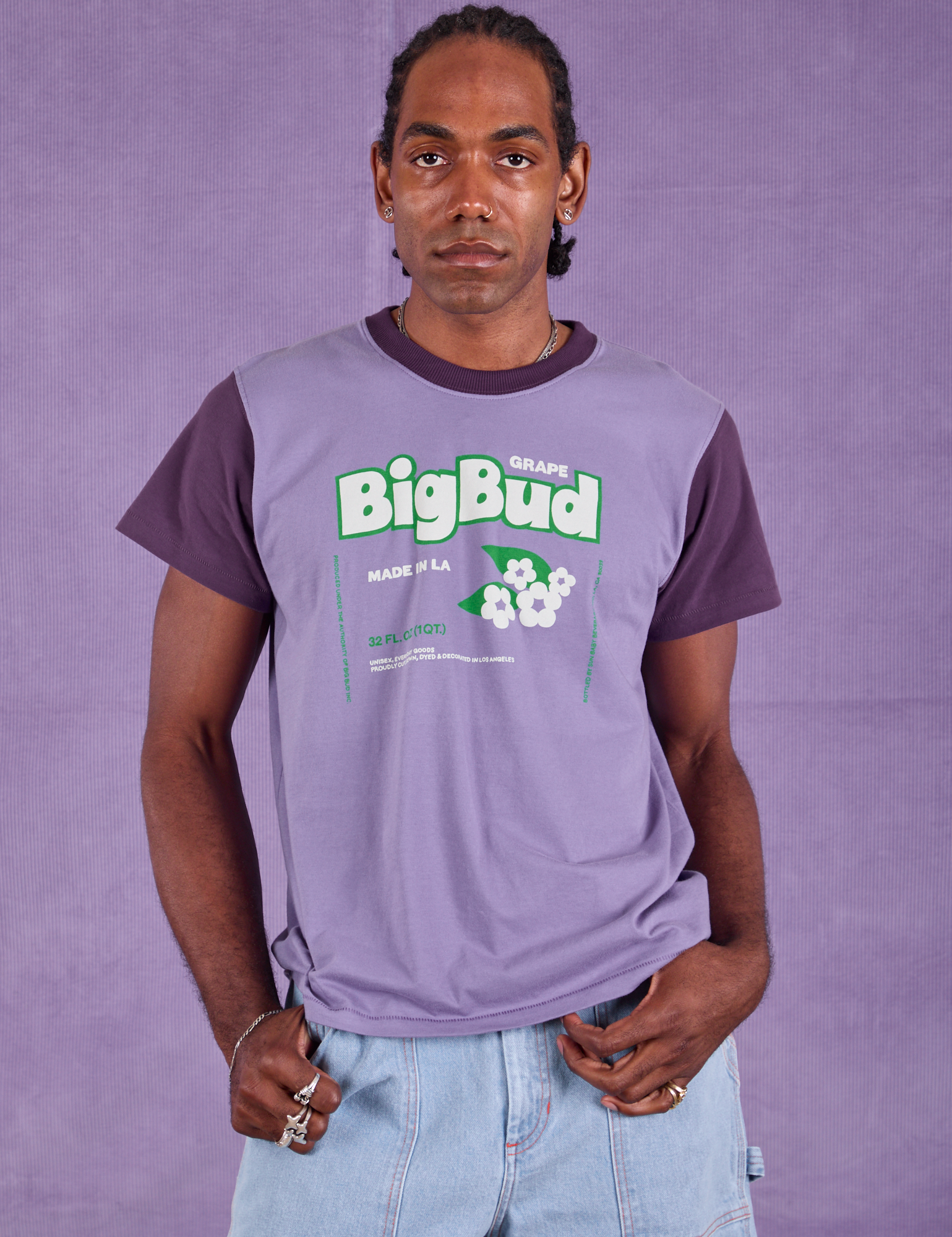 Jerrod is 6&#39;3&quot; and wearing M Vintage Tee in Grape Soda