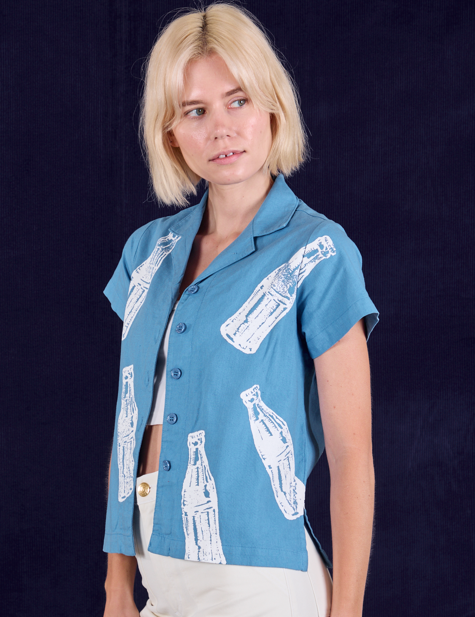 Soda Bottle Pantry Button-Up in Greek Blue side view on Madeline