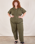 Bree is 5'10 and wearing 2XL Short Sleeve Jumpsuit in Surplus Green