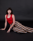Striped Drop Pocket Pants in Retro Rainbow and Tank Top in Mustang Red on Alex