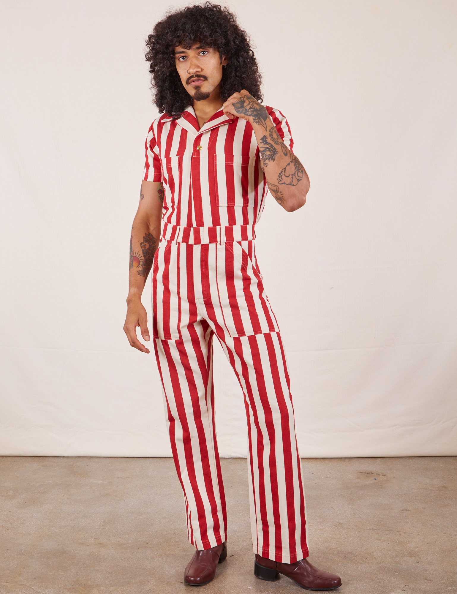 Jesse is 5&#39;8&quot; and wearing XS Cherry Stripe Jumpsuit