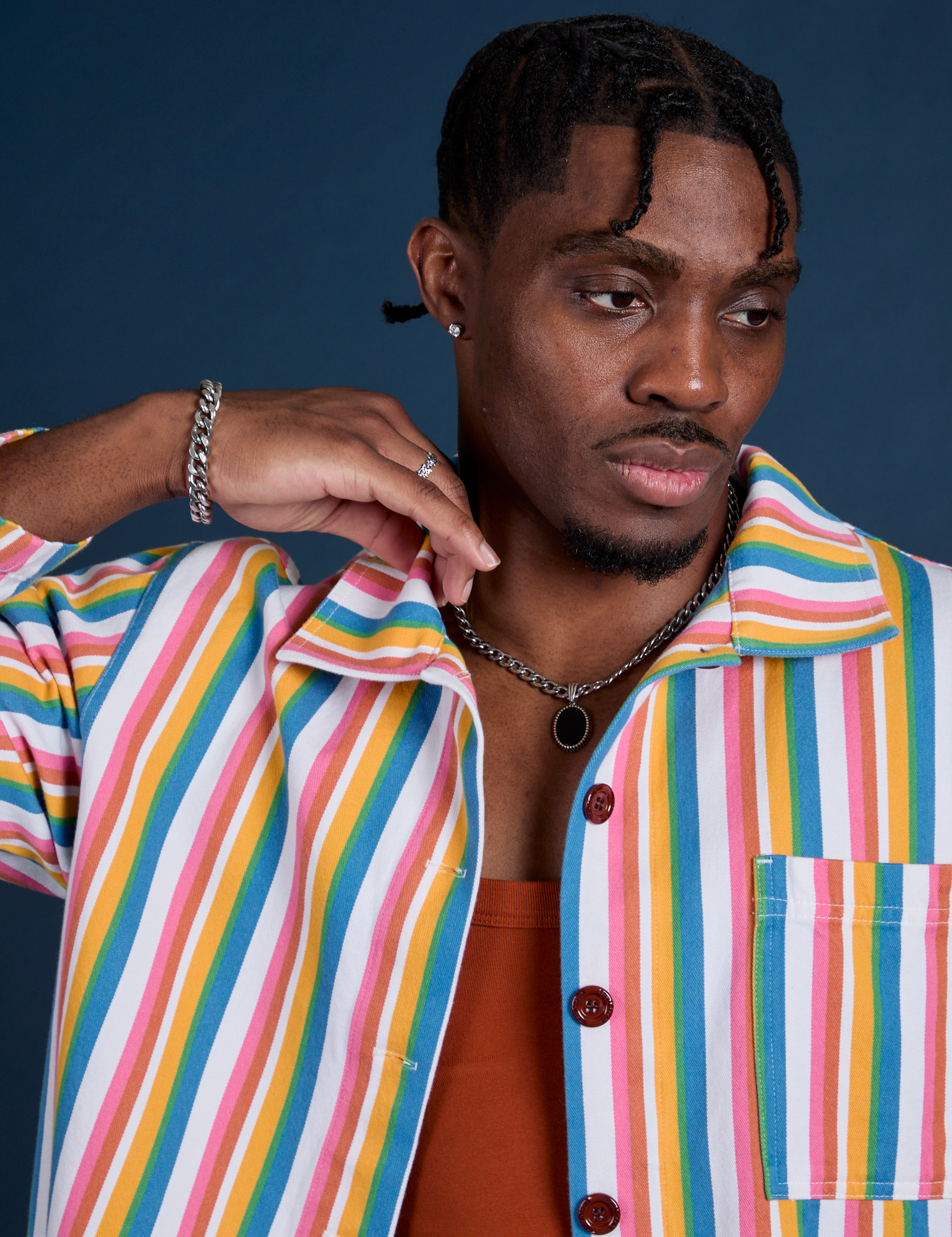 Stripe Work Jacket in Rainbow Stripe front close up on Isaac
