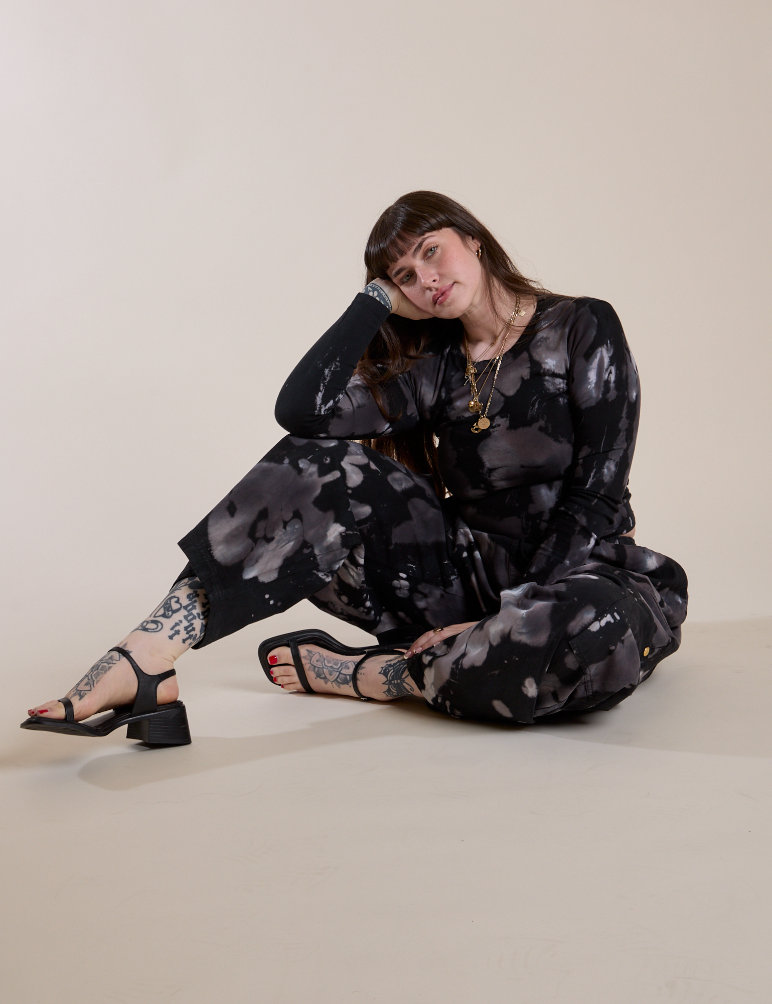 Magic Waters Drop Pocket Pants in Ink Blot and matching long sleeve baby tee worn by Sydney