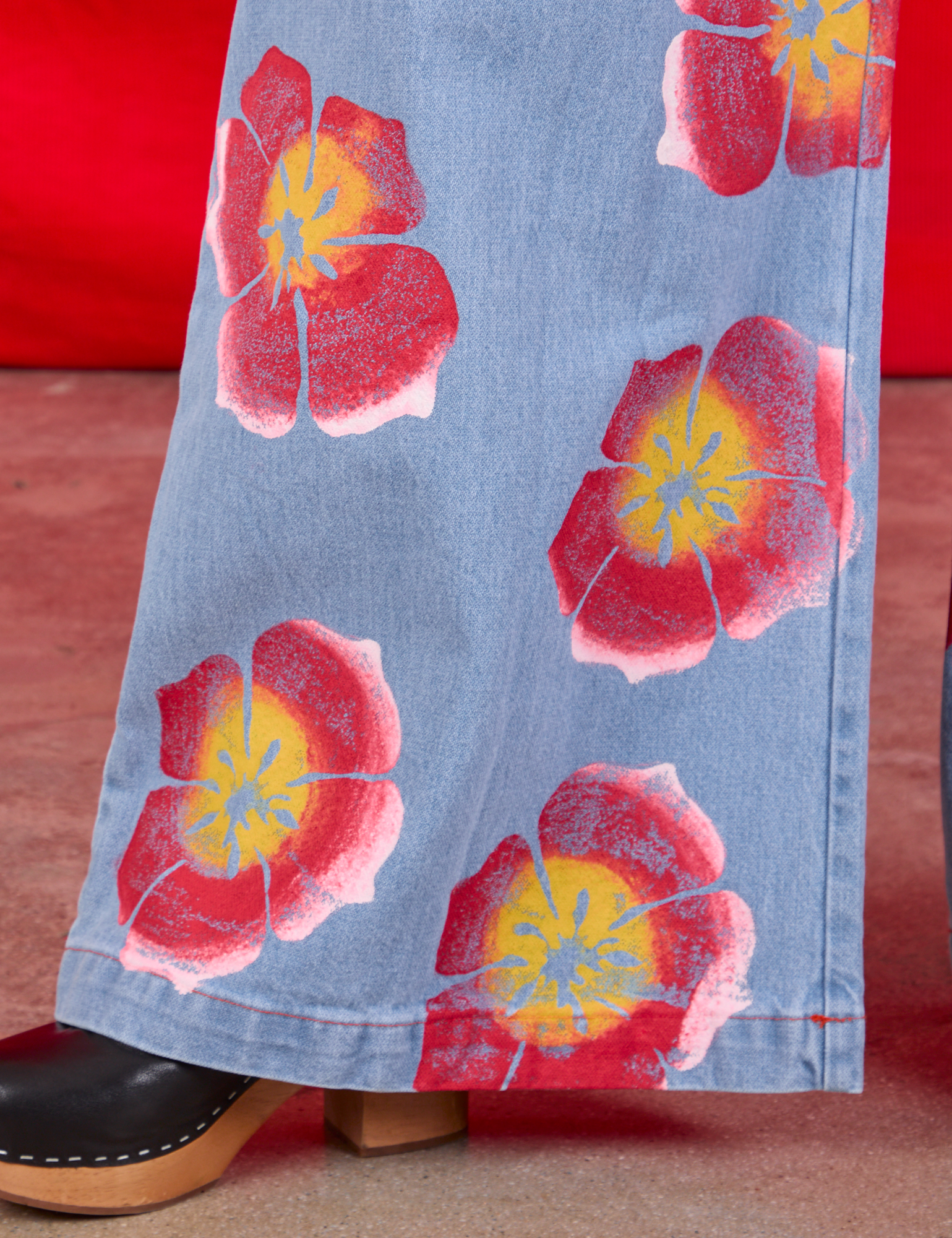 Wide Leg Denim Trousers in Painted Flowers bottom pant leg close up