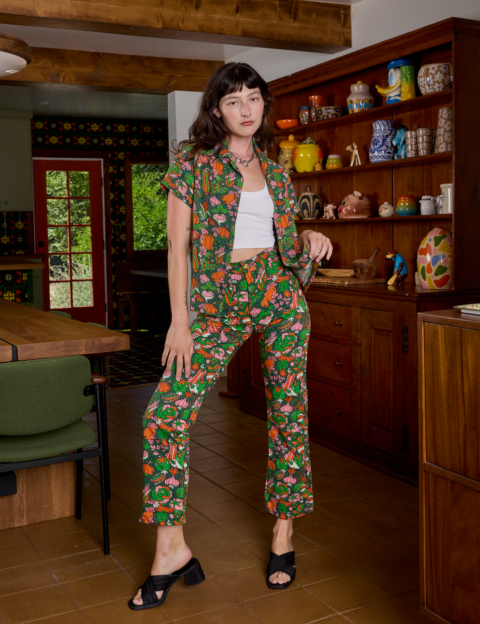 Alex is is 5&#39;8&quot; and wearing P Kitchen Collection Pantry Button-Up paired with matching Work Pants