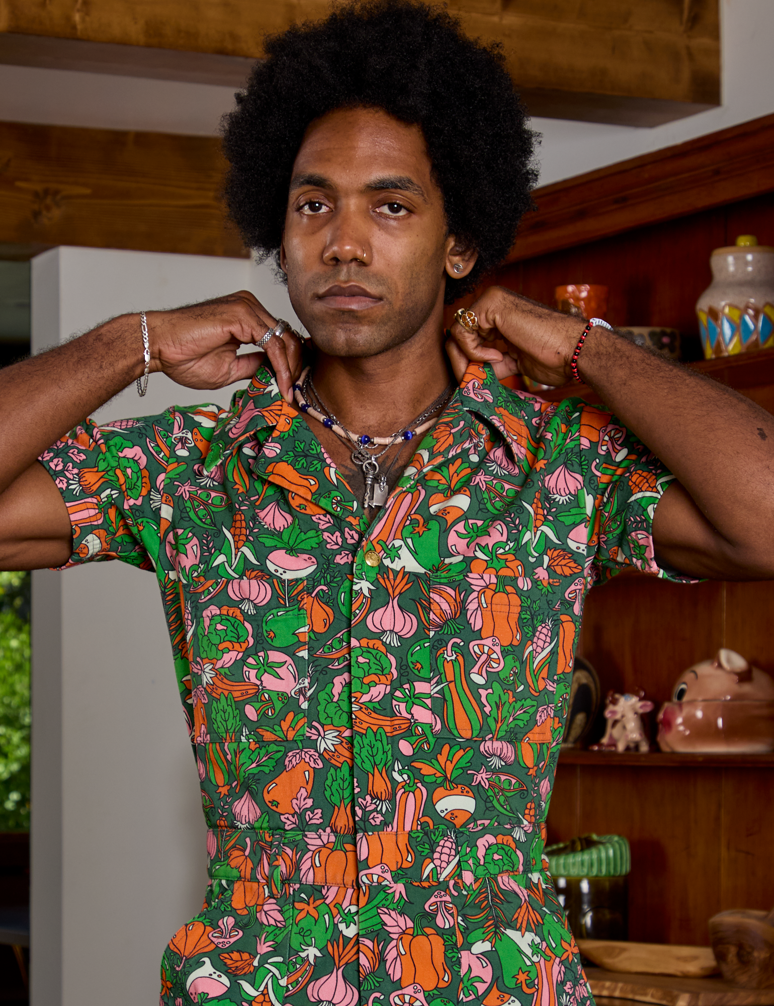 Short Sleeve Jumpsuit in Kitchen Collection front close up on Jerrod