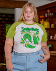 Juliet is 5'7" and wearing L Short Sleeve Raglan Tee in Snap Peas