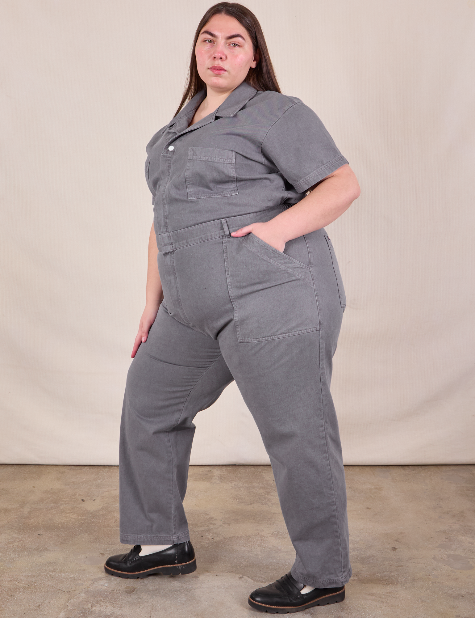 Side view of Short Sleeve Jumpsuit in Washed Grey on Marielena