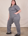 Side view of Short Sleeve Jumpsuit in Washed Grey on Marielena