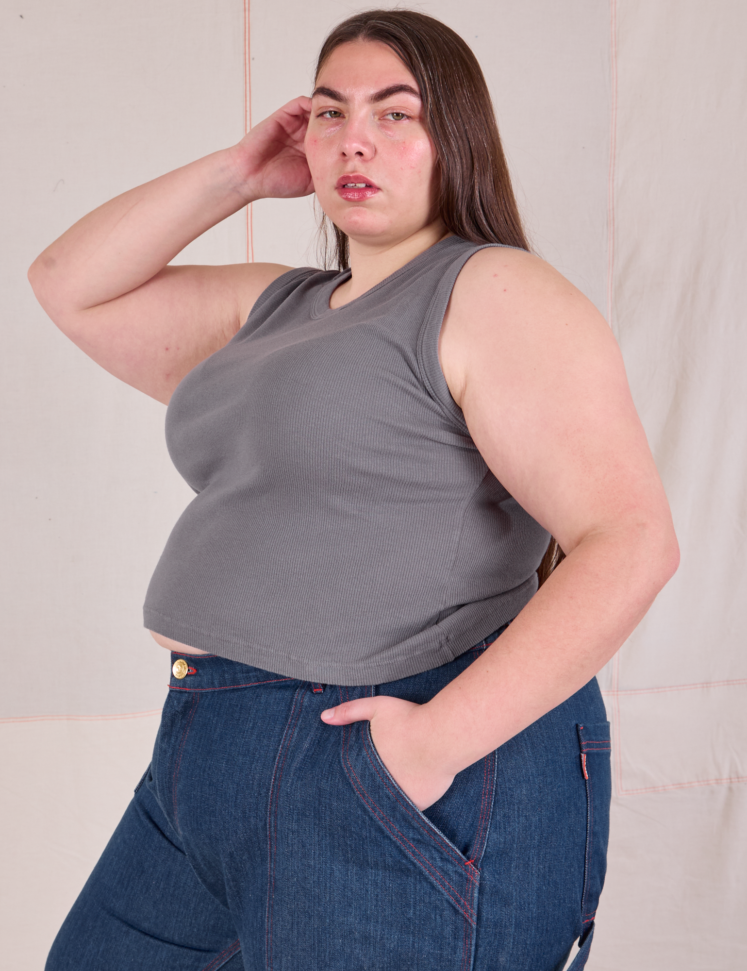 Angled front view of Muscle Tee in Washed Grey on Marielena