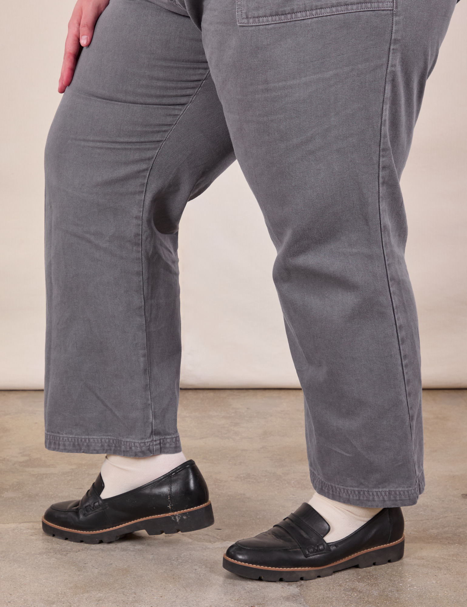 Work Pants in Washed Grey pant leg close up on Marielena