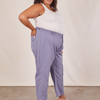 Side view of Western Pants in Faded Grape and vintage off-white Tank Top on Alicia