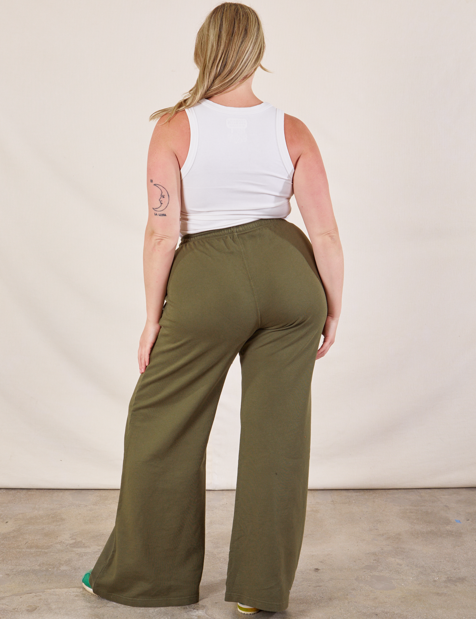 Wide Leg Sweat Pants in Surplus Green back view on Lish