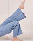 Indigo Wide Leg Trousers in Light Wash side pant leg close up on Alex